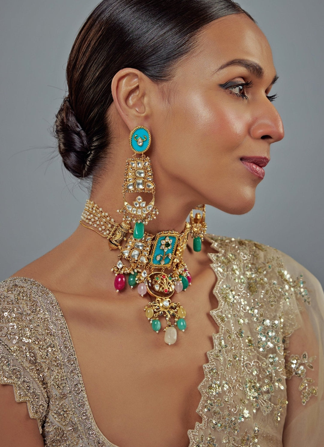 Gold Plated Multi Kundan Choker Necklace Set Vivinia by Vidhi Mehra - Fabilicious Fashion