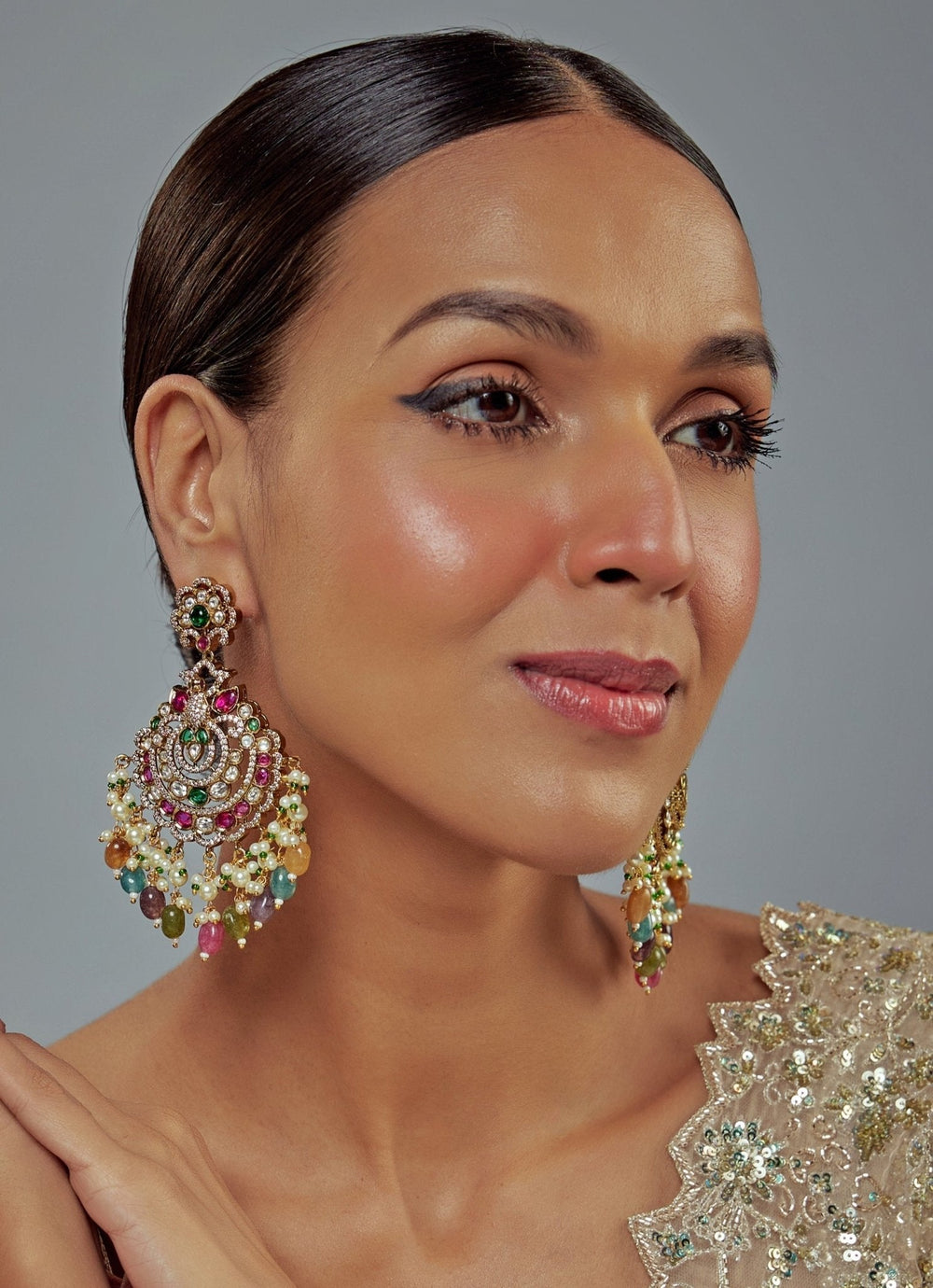 Gold Plated Multi Kundan Danglers Earrings Vivinia by Vidhi Mehra - Fabilicious Fashion