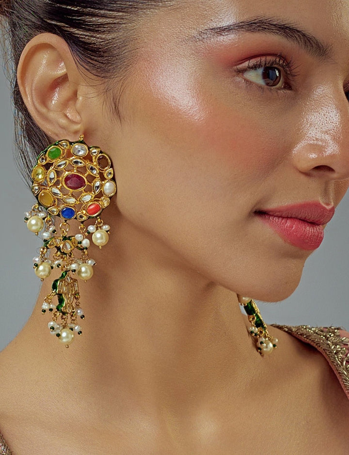 Gold Plated Multi Stone Kundan Drop Earrings Vivinia by Vidhi Mehra - Fabilicious Fashion