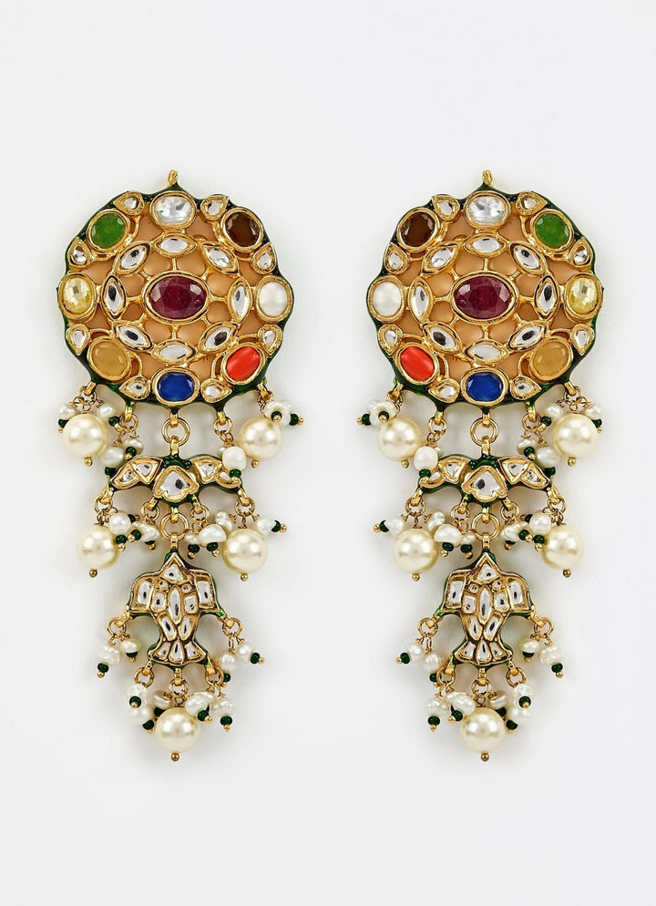 Gold Plated Multi Stone Kundan Drop Earrings Vivinia by Vidhi Mehra - Fabilicious Fashion