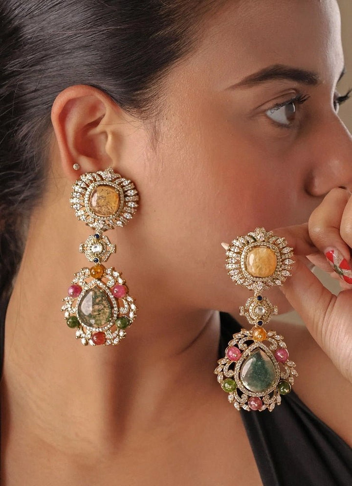 Gold Plated Multicolor Stone Drop Earrings Mr Jewels - Fabilicious Fashion