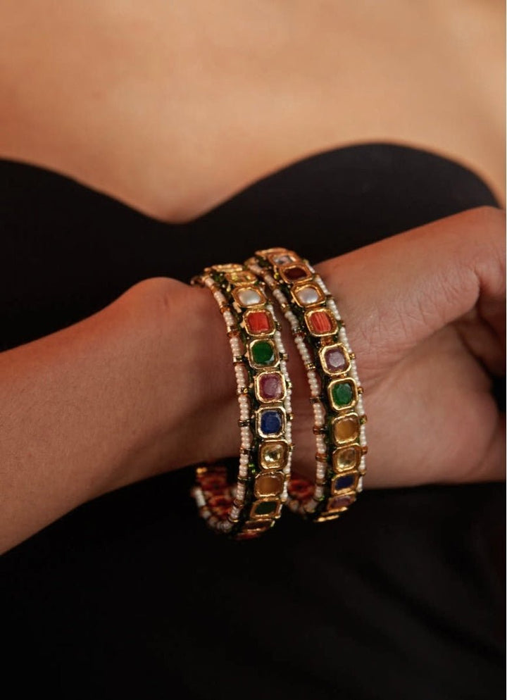 Gold Plated Multicolored Stone And Kundan Bangle Set Vivinia by Vidhi Mehra - Fabilicious Fashion