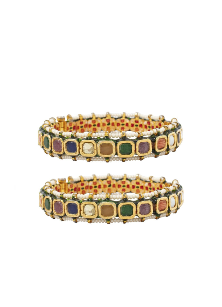 Gold Plated Multicolored Stone And Kundan Bangle Set Vivinia by Vidhi Mehra - Fabilicious Fashion