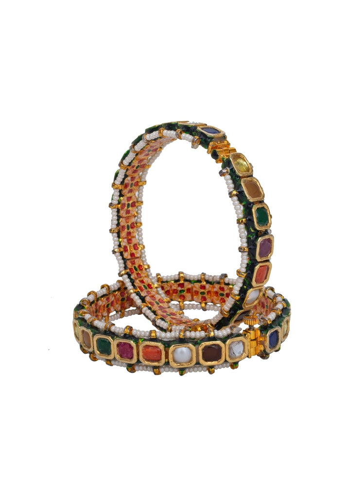 Gold Plated Multicolored Stone And Kundan Bangle Set Vivinia by Vidhi Mehra - Fabilicious Fashion