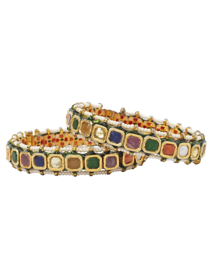 Gold Plated Multicolored Stone And Kundan Bangle Set Vivinia by Vidhi Mehra - Fabilicious Fashion