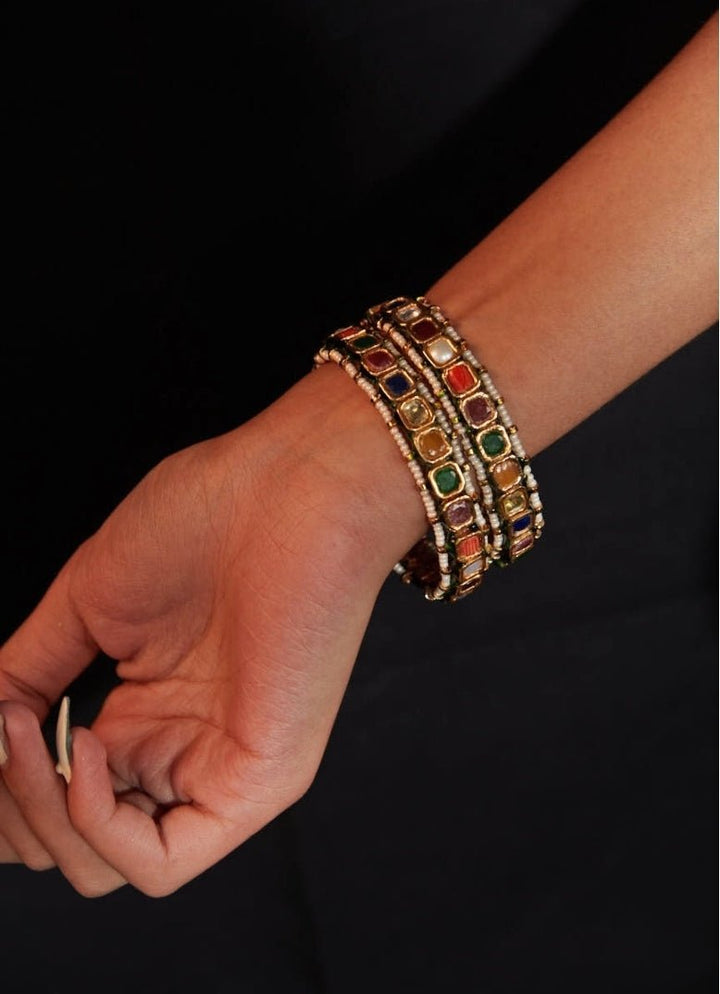 Gold Plated Multicolored Stone And Kundan Bangle Set Vivinia by Vidhi Mehra - Fabilicious Fashion