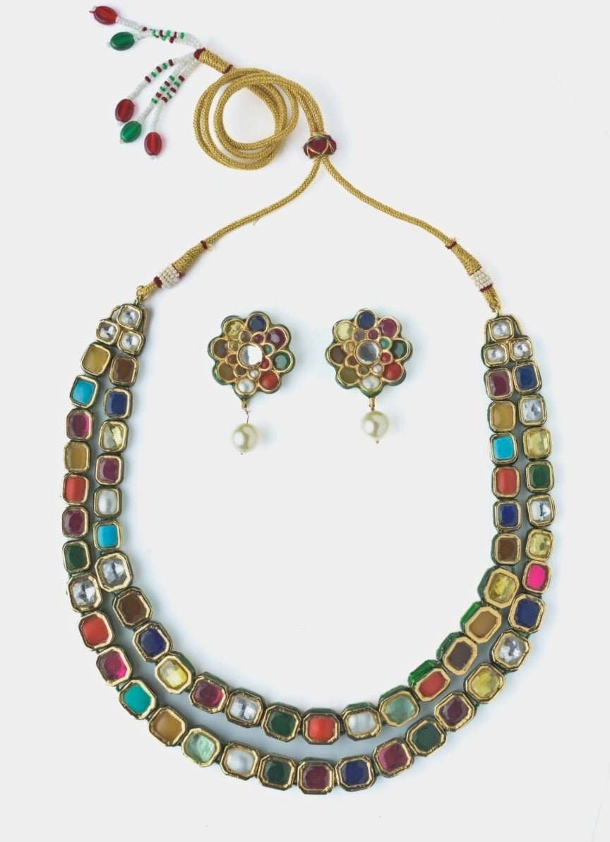 Gold Plated Multicolour Synthetic Stone Necklace Set Vivinia by Vidhi Mehra - Fabilicious Fashion