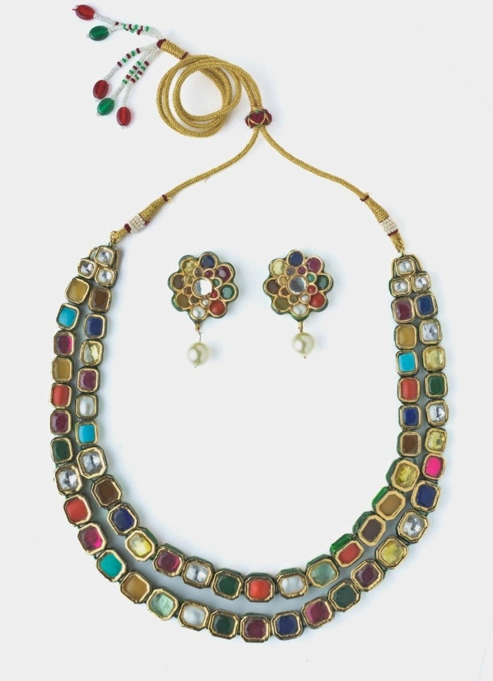 Gold Plated Multicolour Synthetic Stone Necklace Set Vivinia by Vidhi Mehra - Fabilicious Fashion
