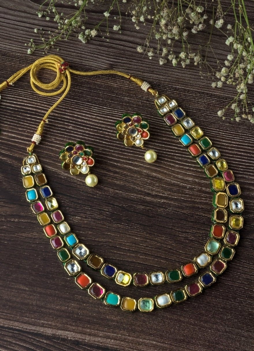 Gold Plated Multicolour Synthetic Stone Necklace Set Vivinia by Vidhi Mehra - Fabilicious Fashion