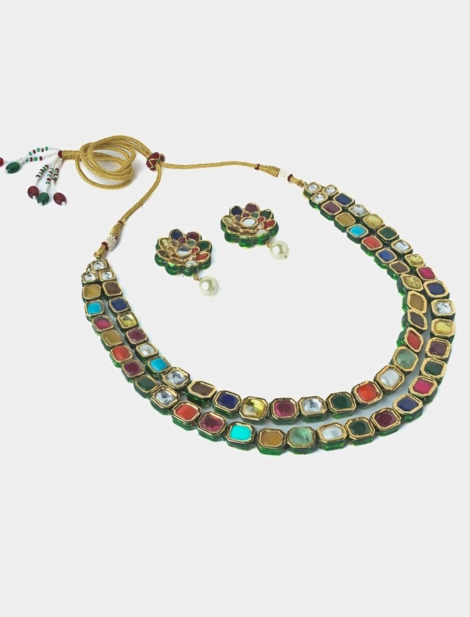 Gold Plated Multicolour Synthetic Stone Necklace Set Vivinia by Vidhi Mehra - Fabilicious Fashion