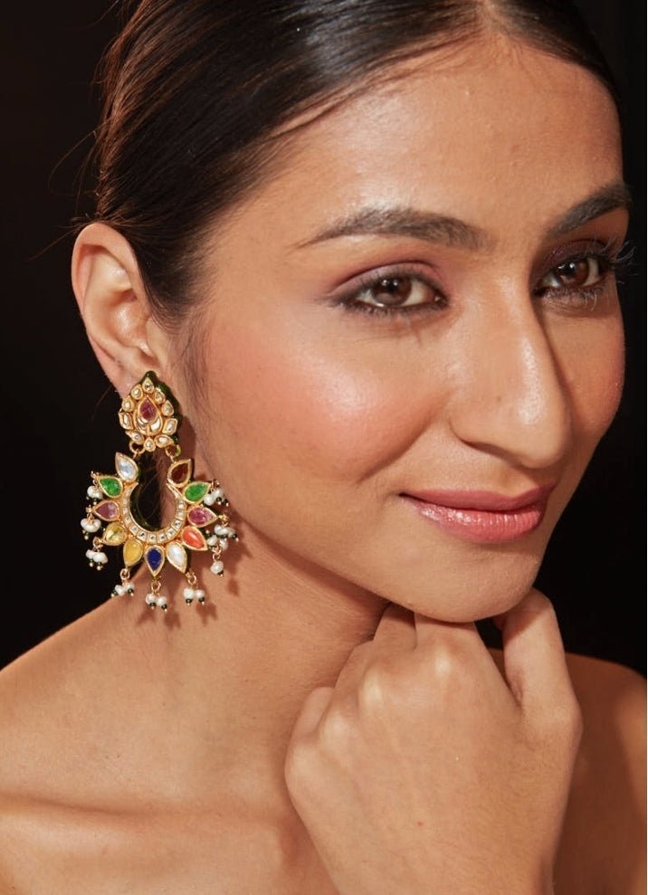 Gold Plated Multicoloured Stones And Polki Earrings Vivinia by Vidhi Mehra - Fabilicious Fashion