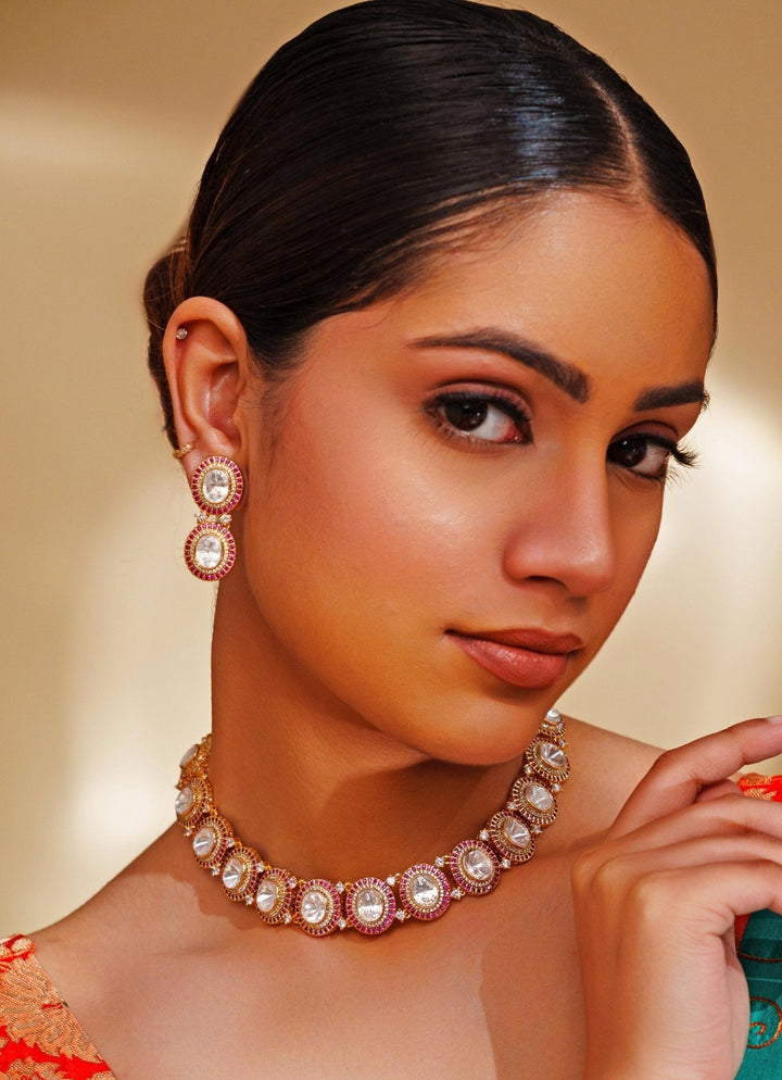 Gold Plated Oval Shaped Kundan Necklace Set Zevar by Geeta - Fabilicious Fashion