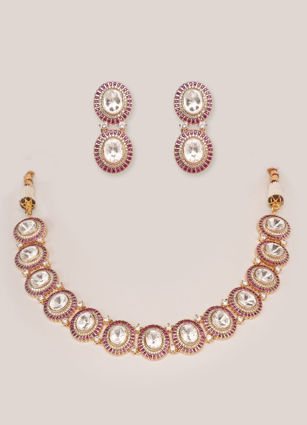 Gold Plated Oval Shaped Kundan Necklace Set Zevar by Geeta - Fabilicious Fashion