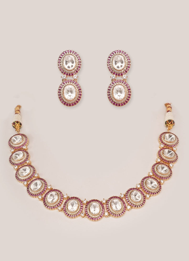 Gold Plated Oval Shaped Kundan Necklace Set Zevar by Geeta - Fabilicious Fashion