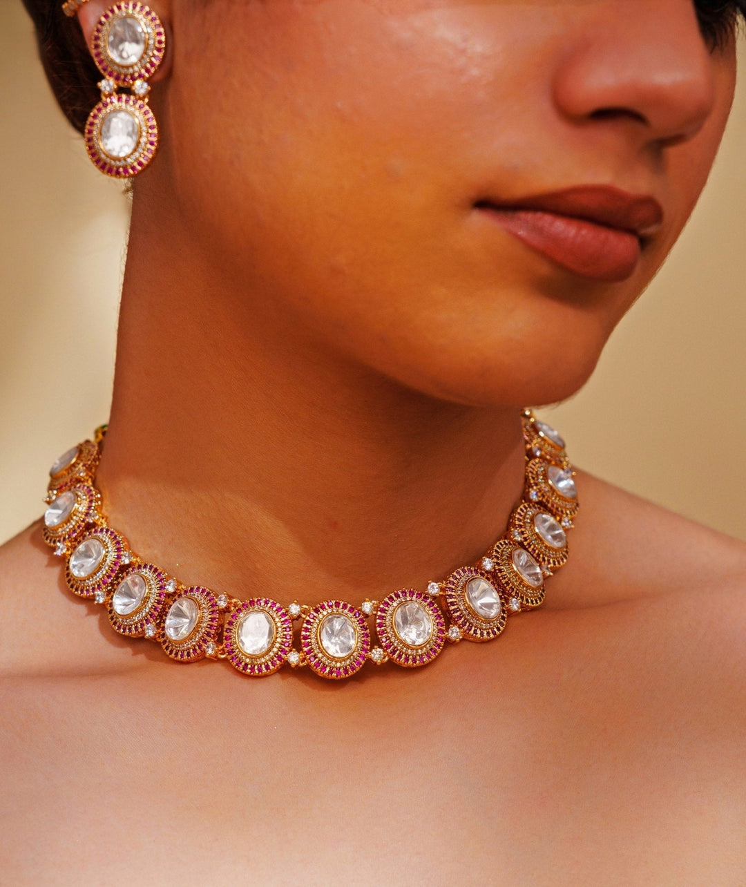 Gold Plated Oval Shaped Kundan Necklace Set Zevar by Geeta - Fabilicious Fashion