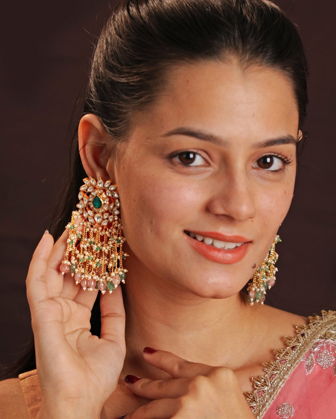 Gold Plated Pastel Green And Pink Stone Drop Earrings Kalyani Indian Jewelry - Fabilicious Fashion