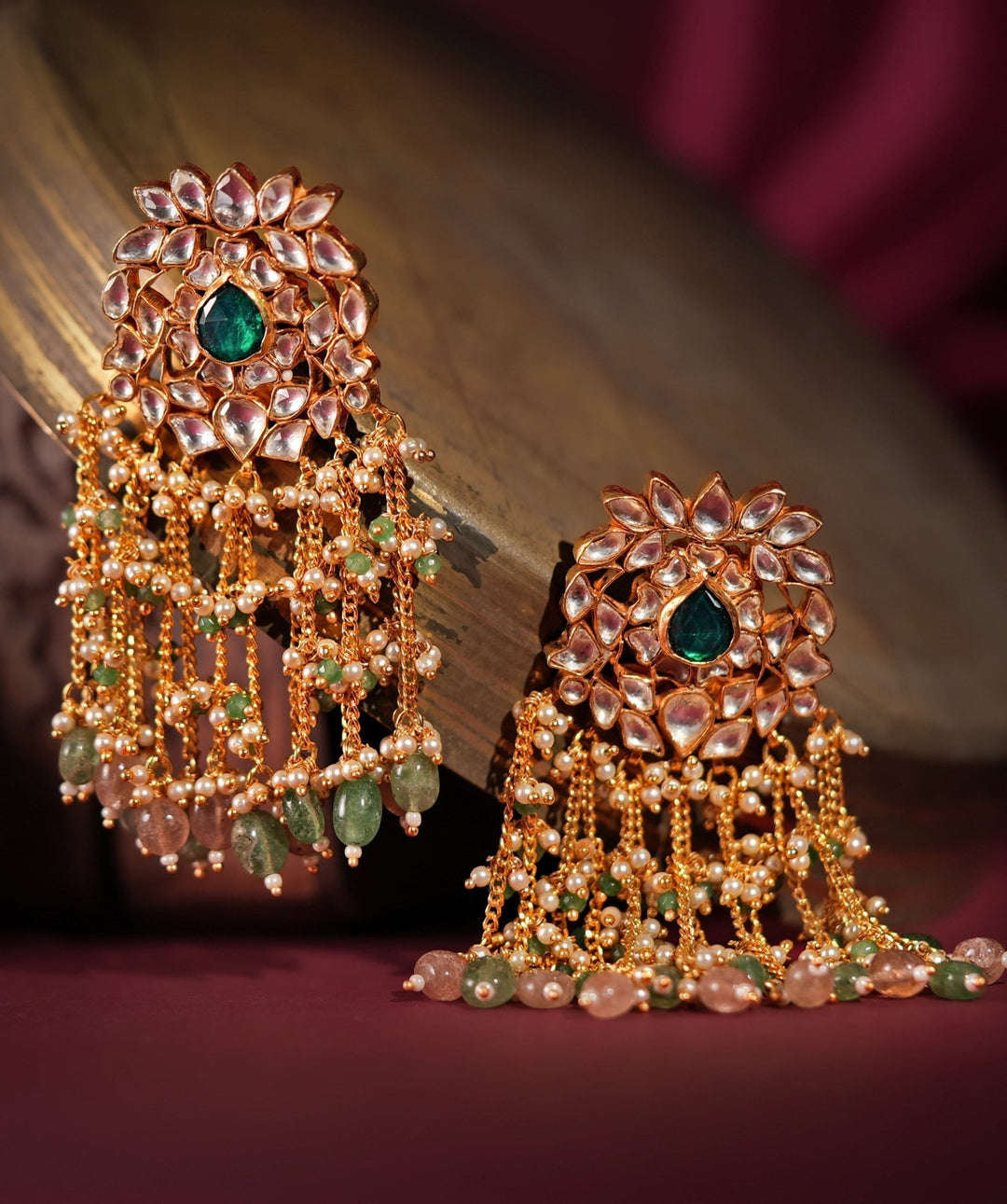 Gold Plated Pastel Green And Pink Stone Drop Earrings Kalyani Indian Jewelry - Fabilicious Fashion