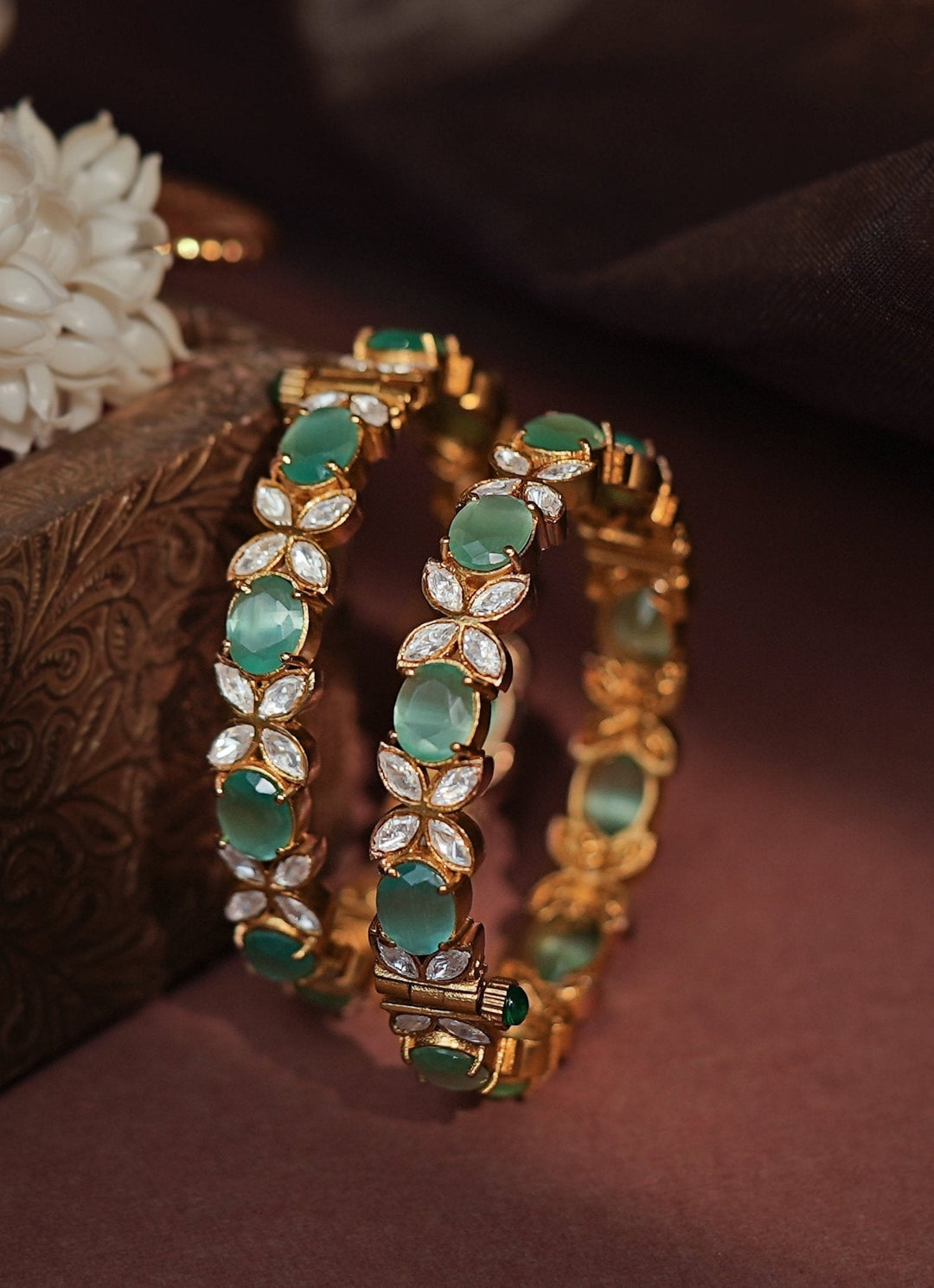 Gold Plated Pastel Green And White Stone Bangles Kalyani Indian Jewelry - Fabilicious Fashion