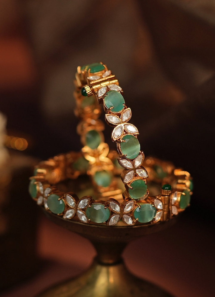 Gold Plated Pastel Green And White Stone Bangles Kalyani Indian Jewelry - Fabilicious Fashion