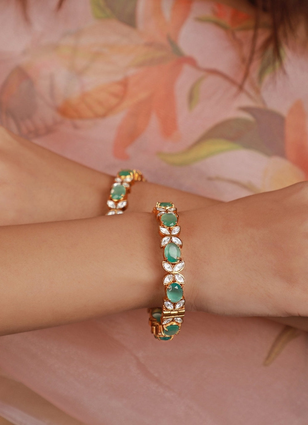 Gold Plated Pastel Green And White Stone Bangles Kalyani Indian Jewelry - Fabilicious Fashion