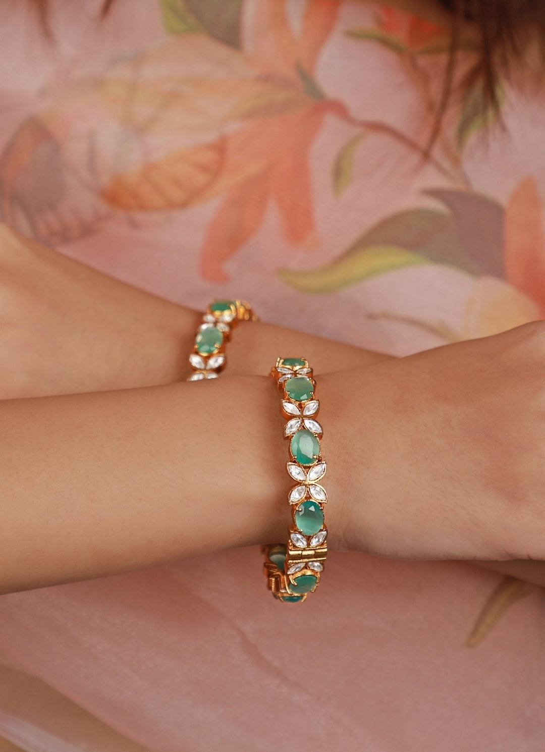 Gold Plated Pastel Green And White Stone Bangles Kalyani Indian Jewelry - Fabilicious Fashion