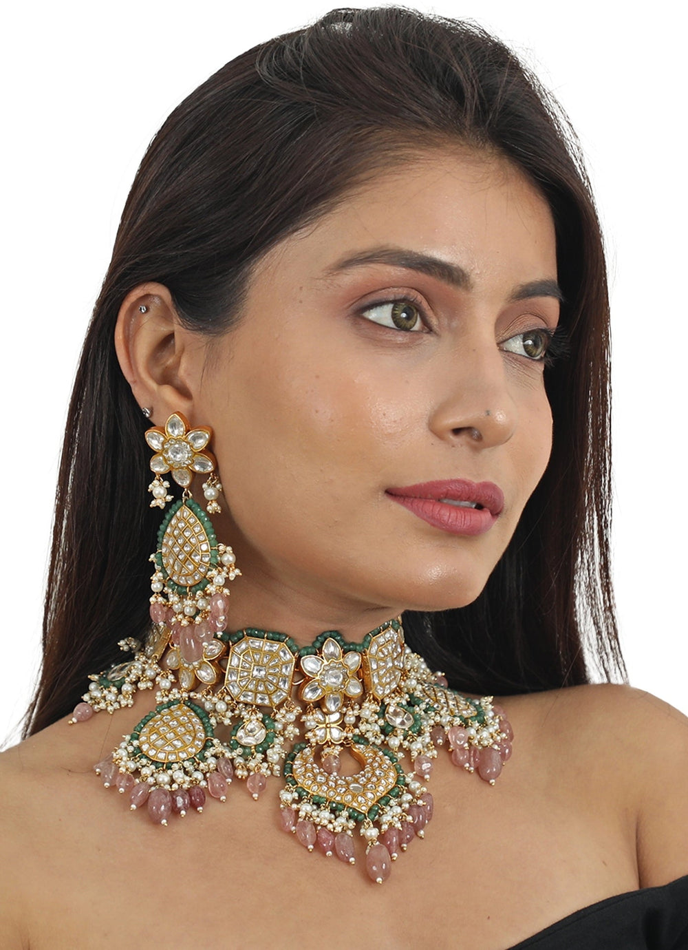 Gold Plated Pastel Pink And Green Bridal Necklace Set Riana Jewellery - Fabilicious Fashion