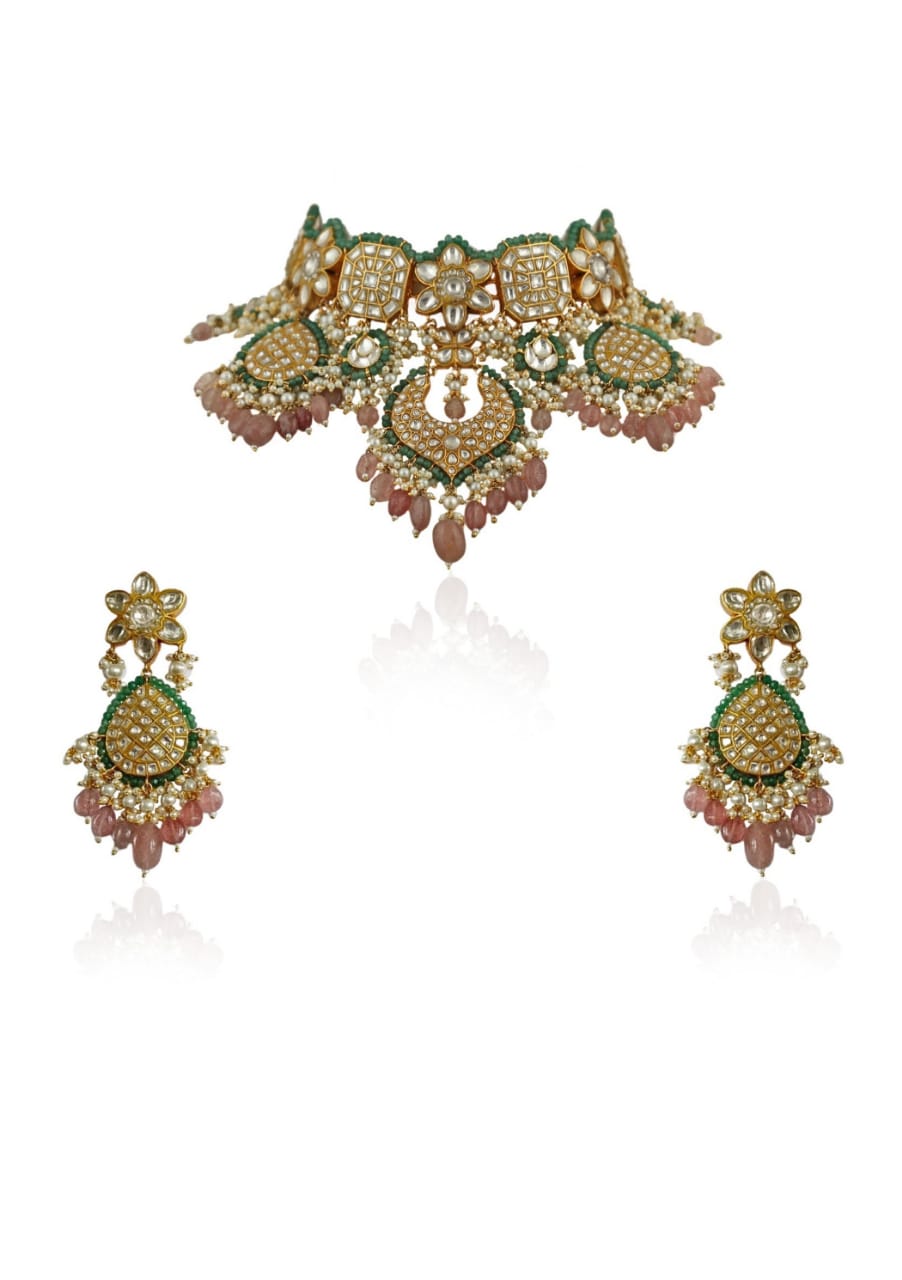 Gold Plated Pastel Pink And Green Bridal Necklace Set Riana Jewellery - Fabilicious Fashion