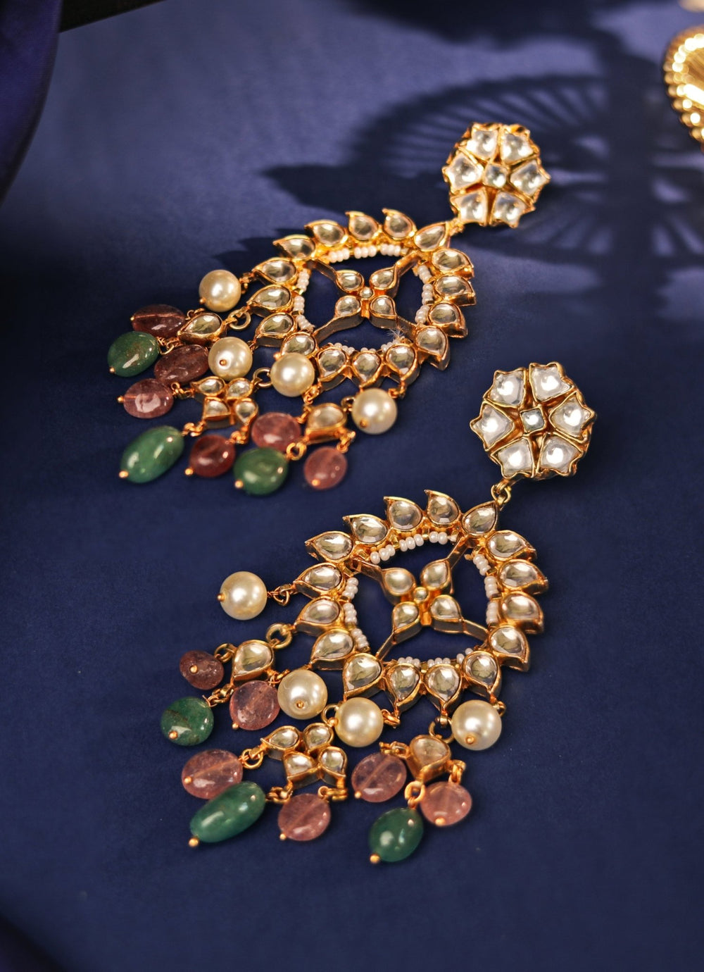 Gold Plated Pastel Pink And Green Long Earrings With Jadtar Stone Kalyani Indian Jewelry - Fabilicious Fashion