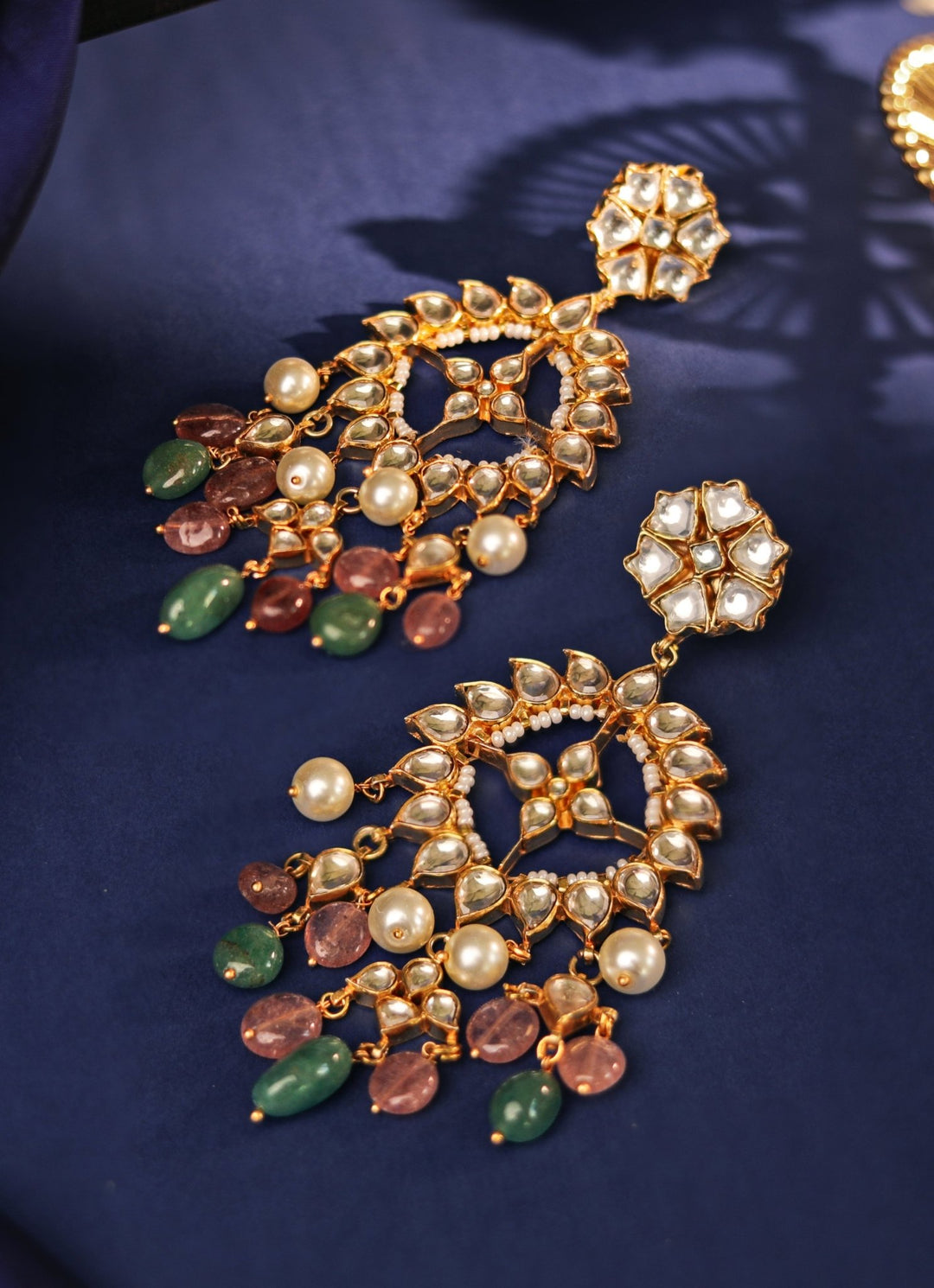 Gold Plated Pastel Pink And Green Long Earrings With Jadtar Stone Kalyani Indian Jewelry - Fabilicious Fashion