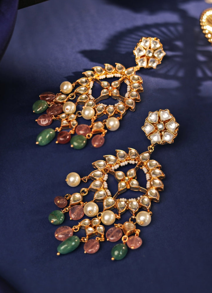 Gold Plated Pastel Pink And Green Long Earrings With Jadtar Stone Kalyani Indian Jewelry - Fabilicious Fashion