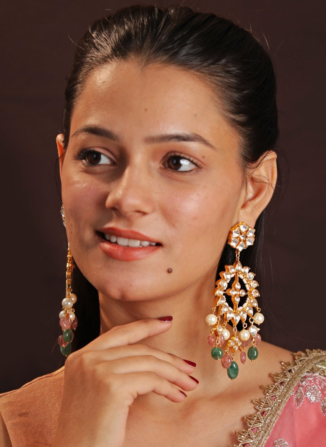 Gold Plated Pastel Pink And Green Long Earrings With Jadtar Stone Kalyani Indian Jewelry - Fabilicious Fashion