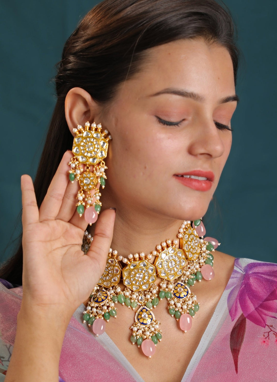 Gold Plated Pastel Pink And Sea Green Beaded Necklace Set Kalyani Indian Jewelry - Fabilicious Fashion