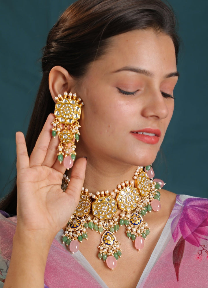 Gold Plated Pastel Pink And Sea Green Beaded Necklace Set Kalyani Indian Jewelry - Fabilicious Fashion