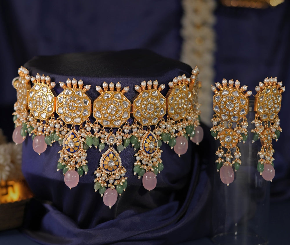 Gold Plated Pastel Pink And Sea Green Beaded Necklace Set Kalyani Indian Jewelry - Fabilicious Fashion
