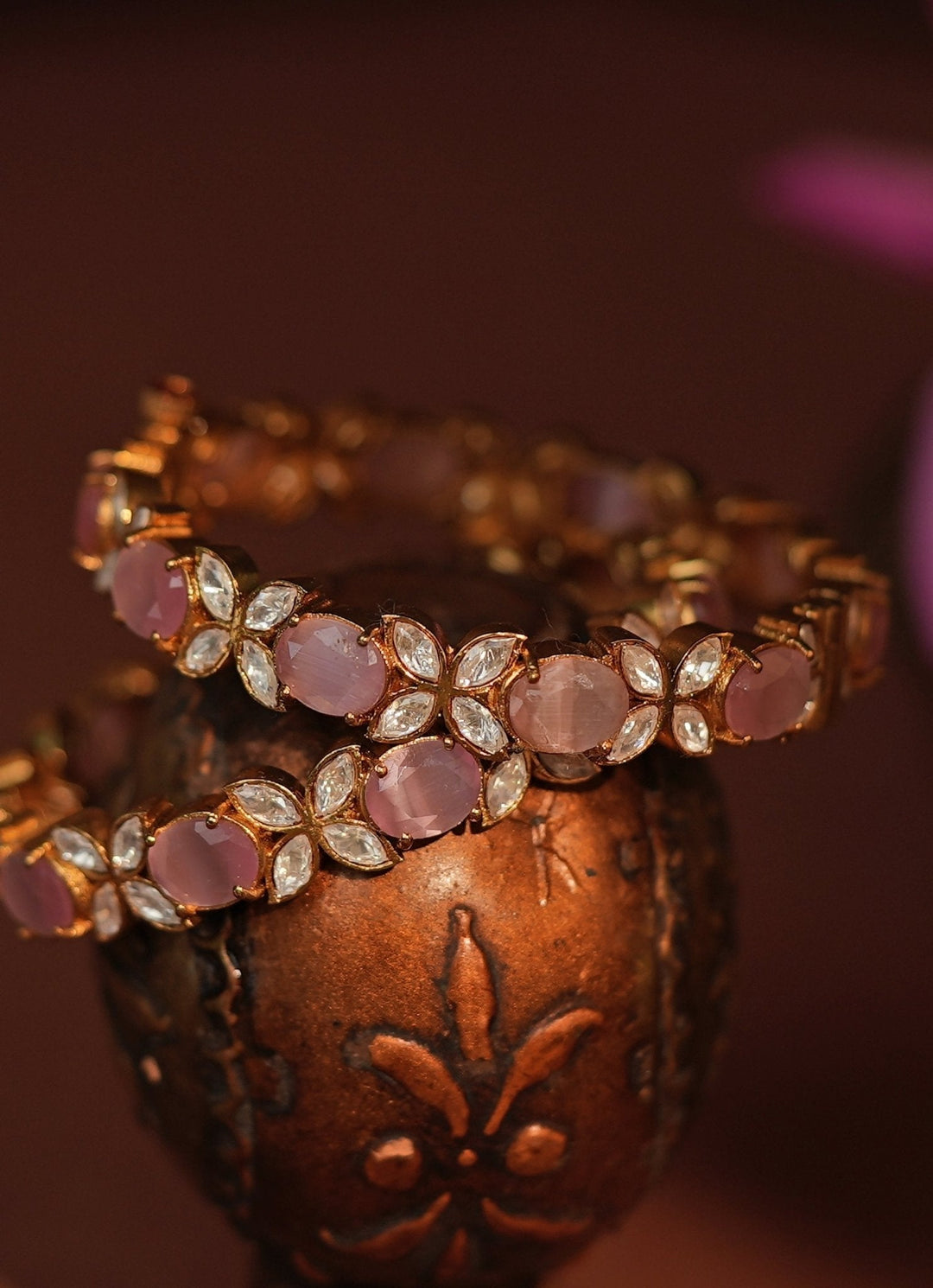 Gold Plated Pastel Pink And White Stone Bangles Kalyani Indian Jewelry - Fabilicious Fashion