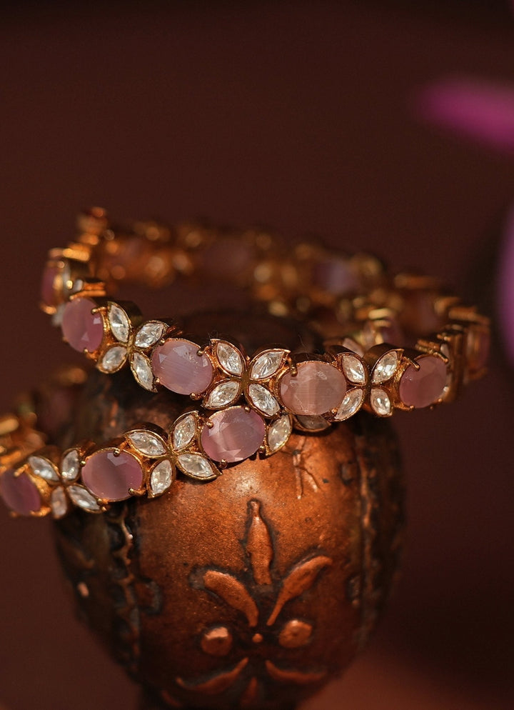 Gold Plated Pastel Pink And White Stone Bangles Kalyani Indian Jewelry - Fabilicious Fashion