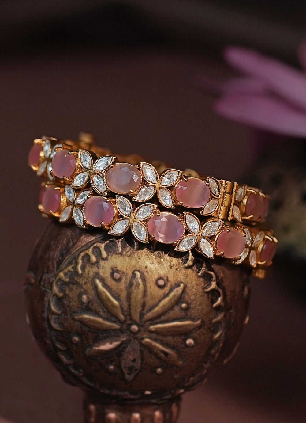 Gold Plated Pastel Pink And White Stone Bangles Kalyani Indian Jewelry - Fabilicious Fashion
