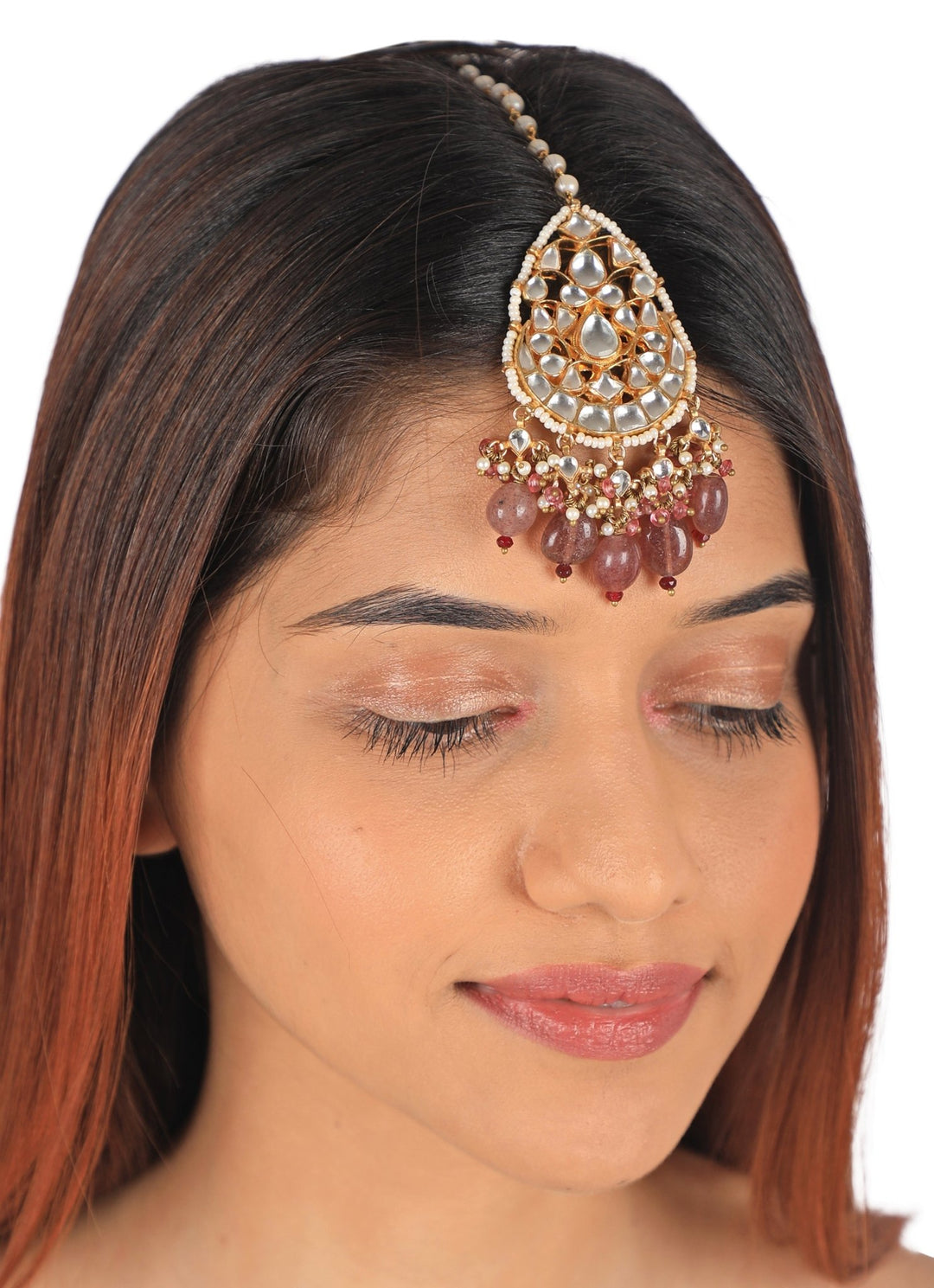 Gold Plated Pastel Pink Beaded Maang Tikka Riana by Shikha Jindal - Fabilicious Fashion
