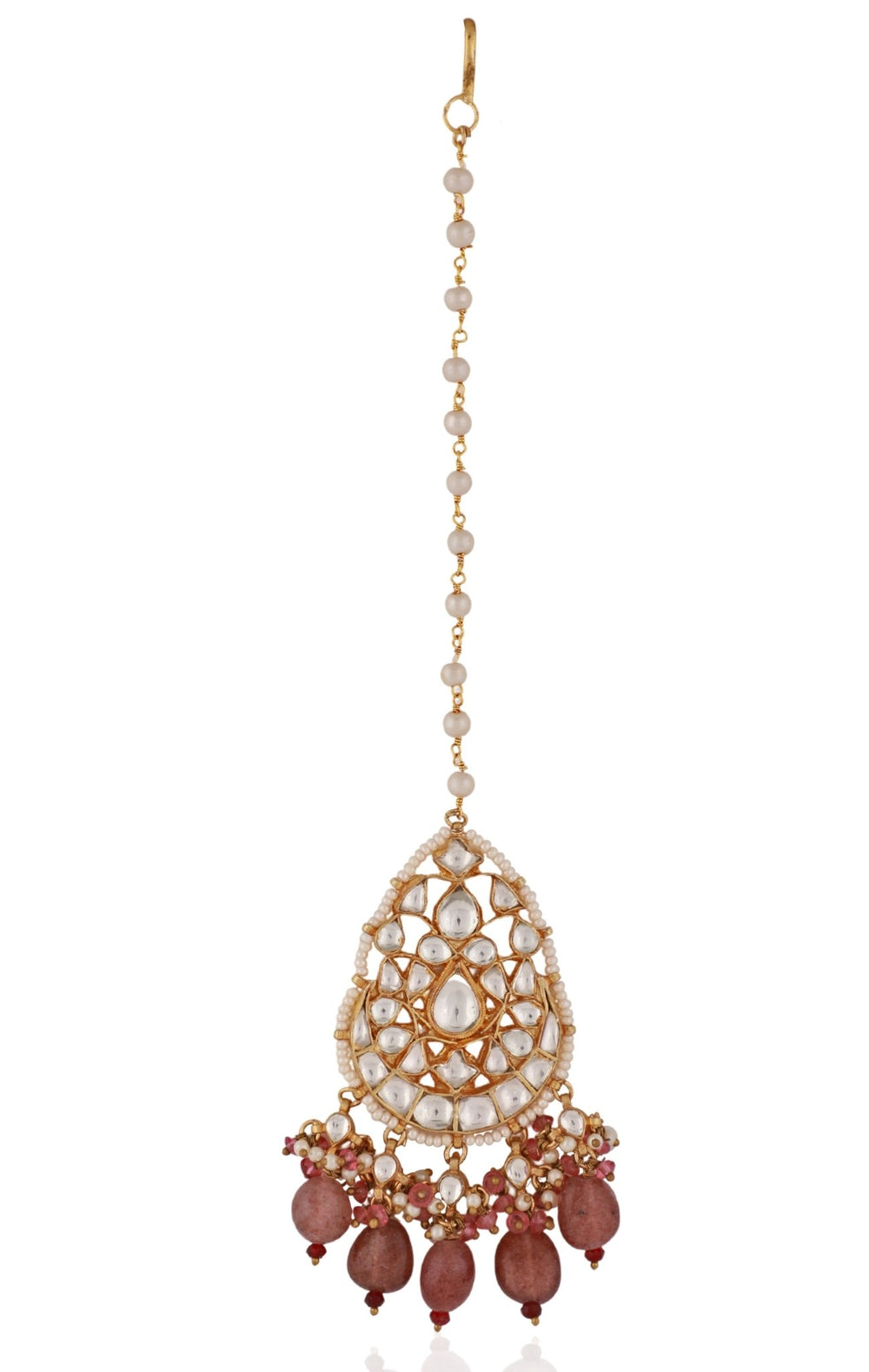 Gold Plated Pastel Pink Beaded Maang Tikka Riana by Shikha Jindal - Fabilicious Fashion