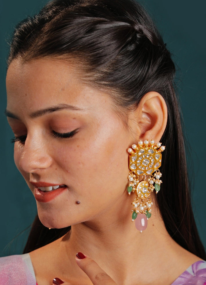Gold Plated Pastel Pink Beads With Jadau Dangler Earrings Kalyani Indian Jewelry - Fabilicious Fashion