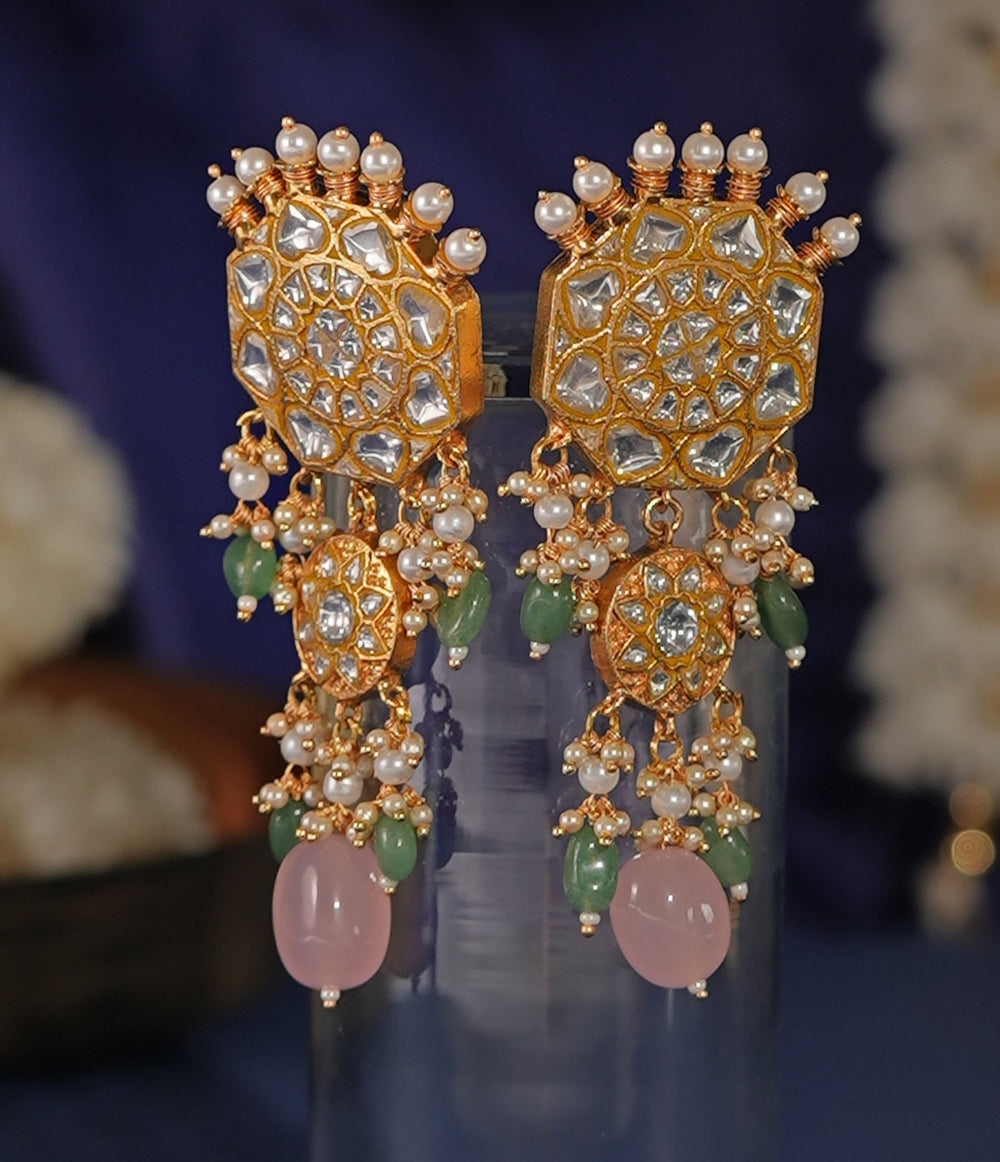 Gold Plated Pastel Pink Beads With Jadau Dangler Earrings Kalyani Indian Jewelry - Fabilicious Fashion