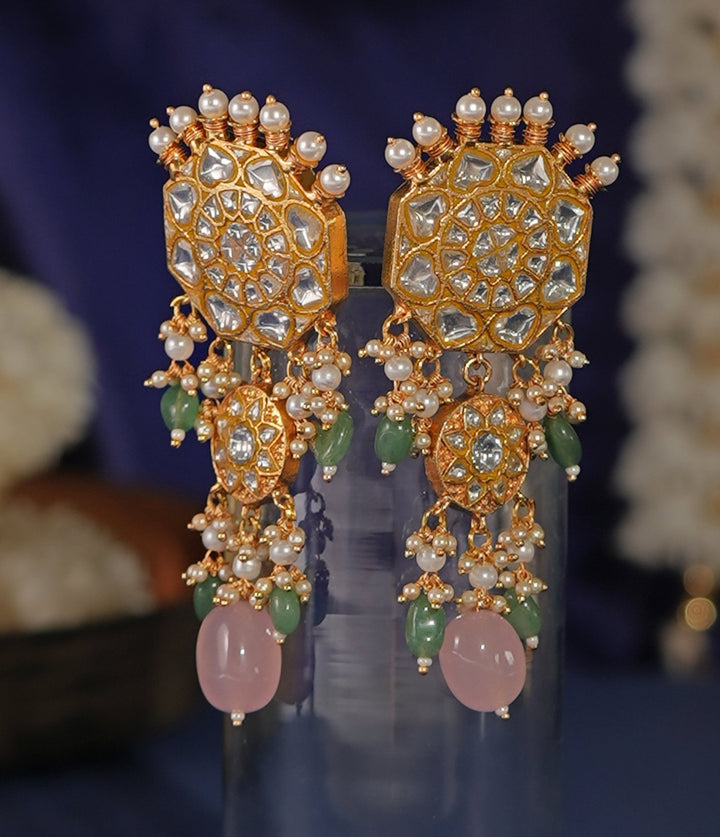 Gold Plated Pastel Pink Beads With Jadau Dangler Earrings Kalyani Indian Jewelry - Fabilicious Fashion