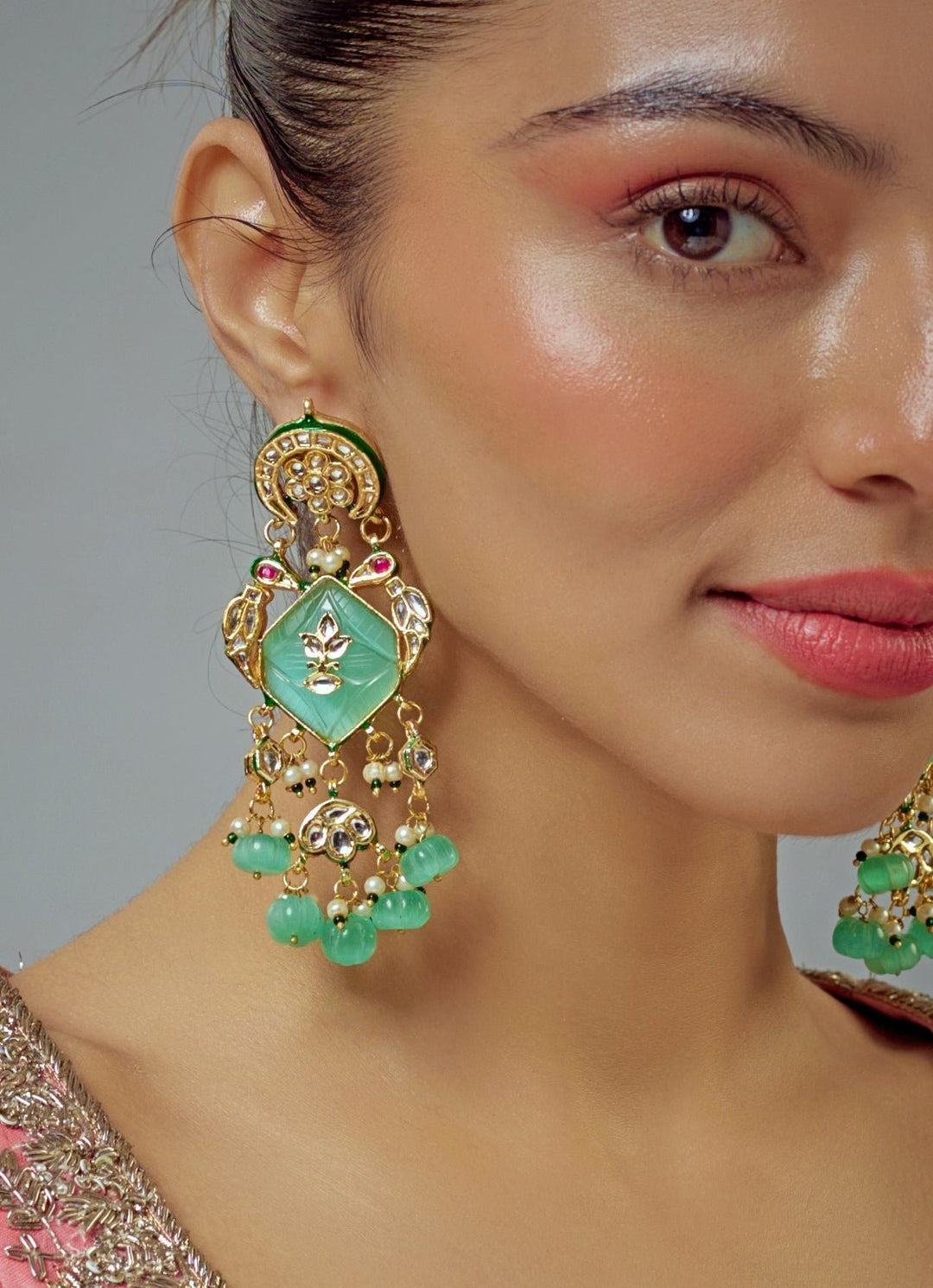 Gold Plated Pastel Stone And Kundan Earrings Vivinia by Vidhi Mehra - Fabilicious Fashion