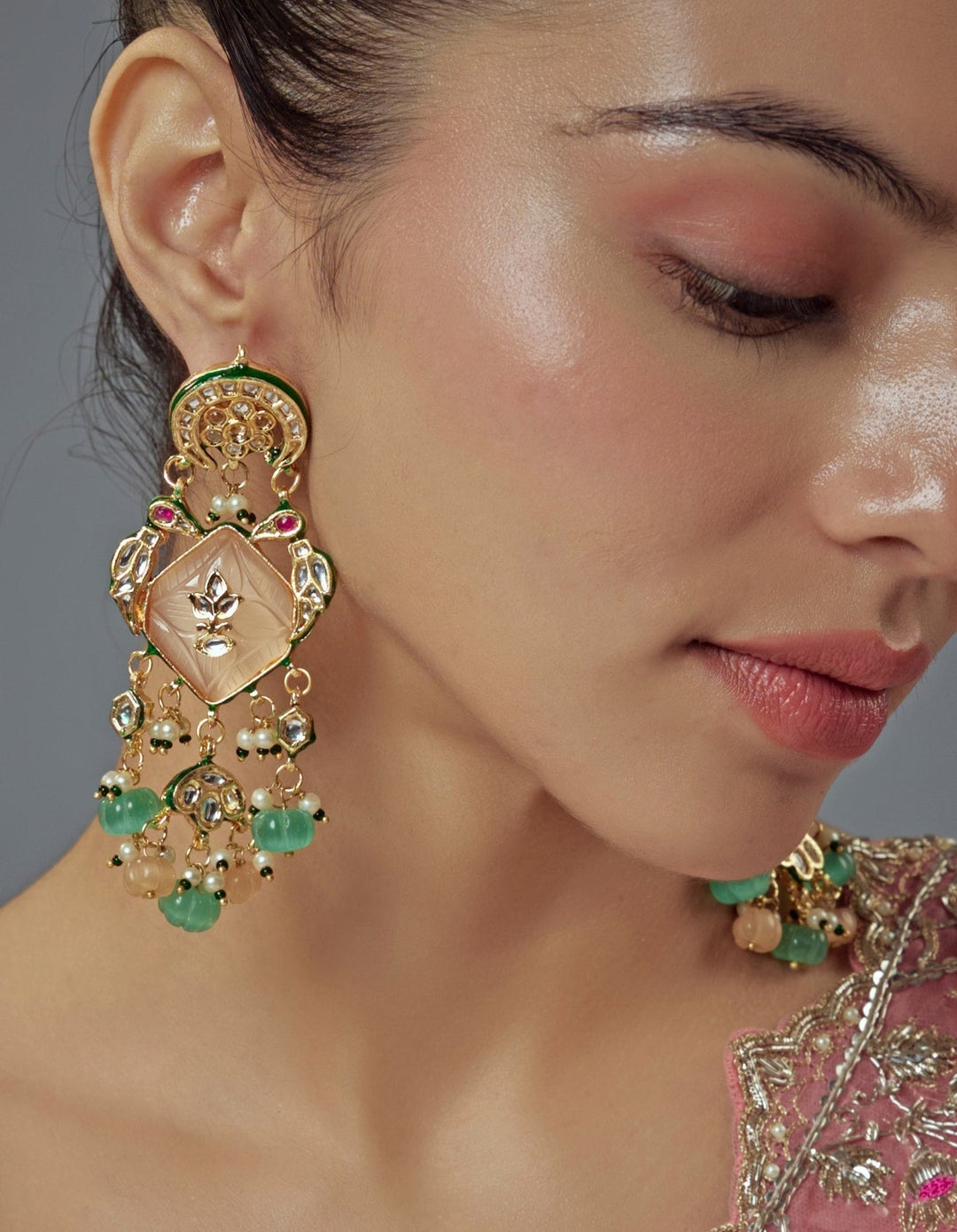Gold Plated Pastel Stone Pearl And Kundan Earrings Vivinia by Vidhi Mehra - Fabilicious Fashion