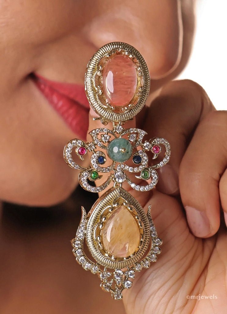 Mr Jewels Gold Plated Peach And Champagne Stone Dangler EarringsFabilicious Fashion