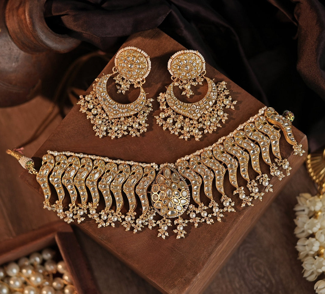 Gold Plated Pearl Necklace Set With Chandbali Earrings Kalyani Indian Jewelry - Fabilicious Fashion