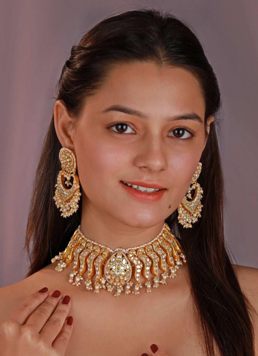 Gold Plated Pearl Necklace Set With Chandbali Earrings Kalyani Indian Jewelry - Fabilicious Fashion