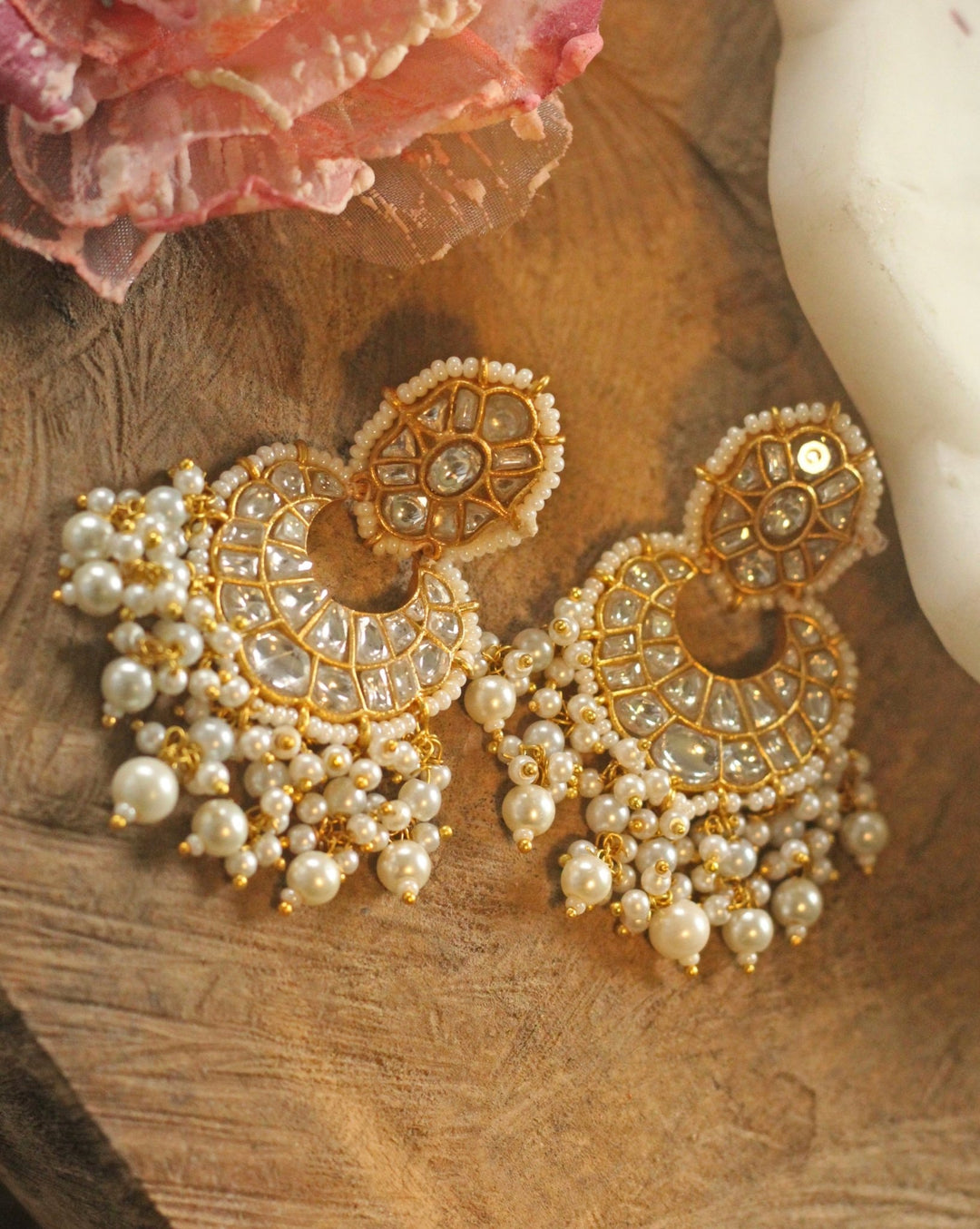 Gold Plated Pearl Studded Chandbali Earrings Kalyani Indian Jewelry - Fabilicious Fashion