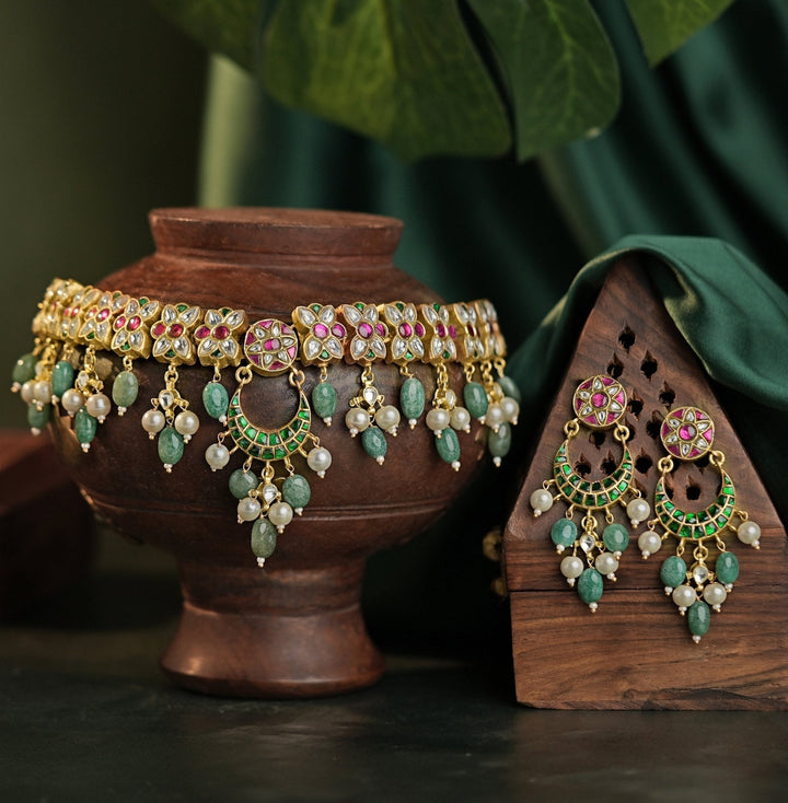 Gold Plated Pink And Green Beaded Choker Necklace Set Kalyani Indian Jewelry - Fabilicious Fashion