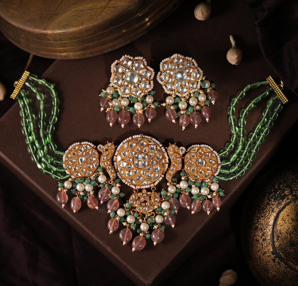 Gold Plated Pink And Green Beaded Choker Necklace Set Kalyani Indian Jewelry - Fabilicious Fashion